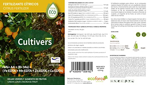 CULTIVERS Fertilizante Cítricos Ecológico de 5 L. Abono Líquido Hojas más Verdes y Aumenta del Tamaño Fruto. Abono 100% Natural