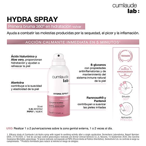 Cumlaude Lab - Emulsión Hydra Spray, Hidratante Vulvar Externo, Calmante y Refrescante, 75 Mililitros