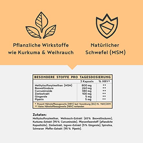 Cúrcuma y Sulphur, con MSM de alta pureza, cúrcuma, franquincienso, canela y jengibre - Ingredientes activos sinérgicos en alta dosis, 90 cápsulas