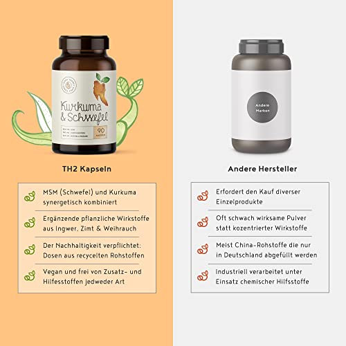 Cúrcuma y Sulphur, con MSM de alta pureza, cúrcuma, franquincienso, canela y jengibre - Ingredientes activos sinérgicos en alta dosis, 90 cápsulas