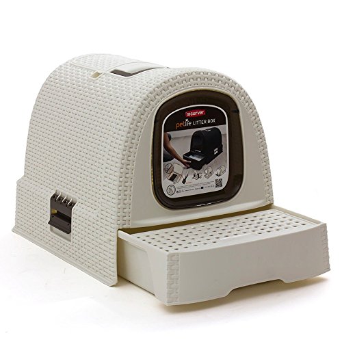 CURVER Inodoro para gatos, bandeja sanitaria cerrada, compartimento inferior extraíble para facilitar la limpieza, pala para arena y alfombrilla incluidas, dimensiones: 51 x 39 x 39 cm, color marfil
