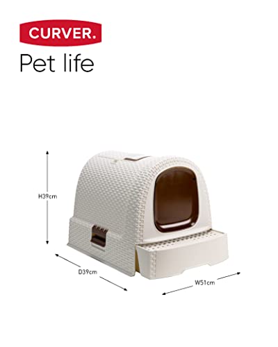CURVER Inodoro para gatos, bandeja sanitaria cerrada, compartimento inferior extraíble para facilitar la limpieza, pala para arena y alfombrilla incluidas, dimensiones: 51 x 39 x 39 cm, color marfil