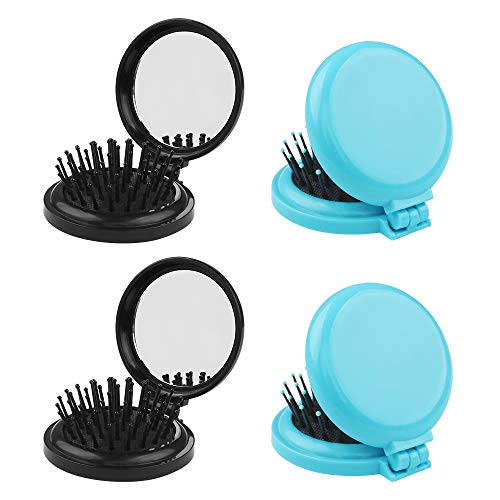 Dadabig 4Pcs Peine de Viaje Mujer Cepillo Plegable Pelo Peine Plegable con Espejo de Bolsillo, Cepillos de Pelo Plegables Espejo de Bolso para Mujeres y Chicas (2 negros + 2 azules, 7.5cm)