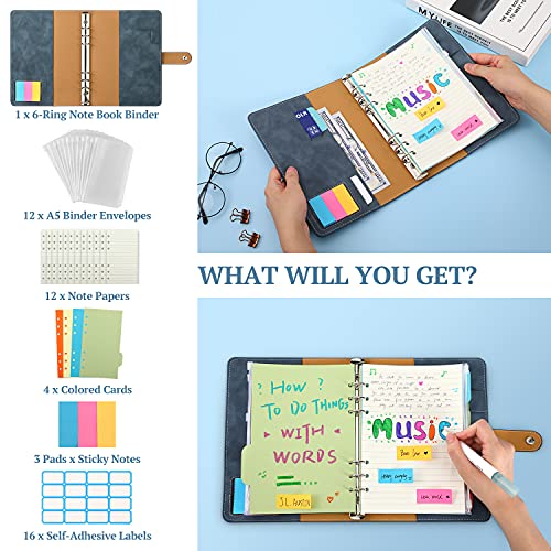Dadanism A5 Carpeta Archivadora con 6 Anillas, Cuaderno Clasificador Portátil de PU para Guardar Documentos Tarjetas Fotos Facturas, Organizador Multifuncional para Estudiante, Azul del Jeans