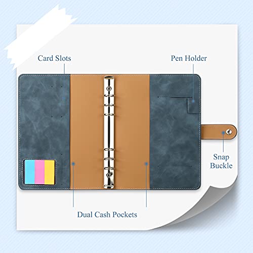 Dadanism A5 Carpeta Archivadora con 6 Anillas, Cuaderno Clasificador Portátil de PU para Guardar Documentos Tarjetas Fotos Facturas, Organizador Multifuncional para Estudiante, Azul del Jeans