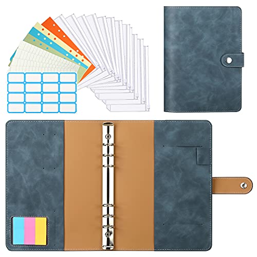 Dadanism A5 Carpeta Archivadora con 6 Anillas, Cuaderno Clasificador Portátil de PU para Guardar Documentos Tarjetas Fotos Facturas, Organizador Multifuncional para Estudiante, Azul del Jeans