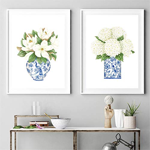 Danjiao Azul Y Blanco China Magnolia Hydrangea Impresiones Chinoiserie Art Canvas Painting Gallery Wall Art Picture Poster Trendy Wall Decor 2Pcs Sala De Estar Decor 60x90cm