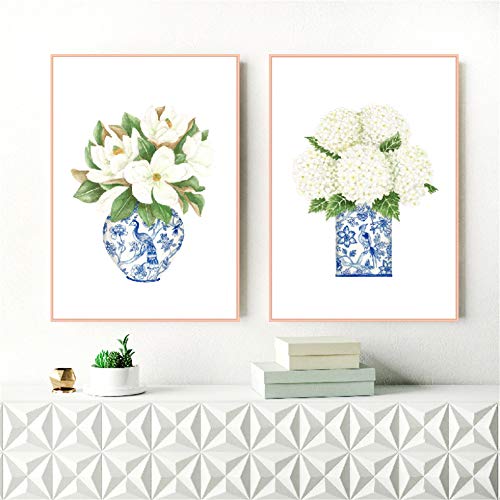 Danjiao Azul Y Blanco China Magnolia Hydrangea Impresiones Chinoiserie Art Canvas Painting Gallery Wall Art Picture Poster Trendy Wall Decor 2Pcs Sala De Estar Decor 60x90cm