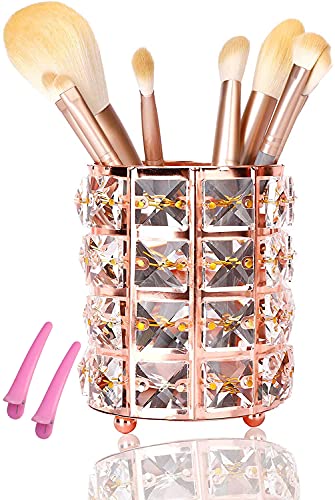 DARUITE Organizadores de maquillaje ,Soporte Organizador para brochas de maquillaje Cristal Makeup Organizer Bote de Maquillaje Almacenamiento de maquillaje para brochas, Cejas, lápices,Oro Rosa