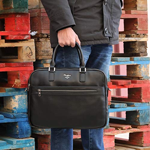 David Jones - Bolso de Mano Business Grande Hombre - Maletín Trabajo Ordenador Portátiles 15,6 Pulgadas - Portadocumentos Bandolera Cuero Genuino - Mensajero PU Piel Negocios Oficina Escuela - Azul