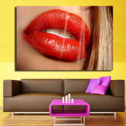 Davide Alisa Pintura de Lienzo Idea de Arte Lienzo de Pared Mujeres Labios Pintura Abstracta Sala de Estar Decoración Obra de Arte de Labios de señora Pintura Moderna Decoración-50cm * 70cm ，Marco