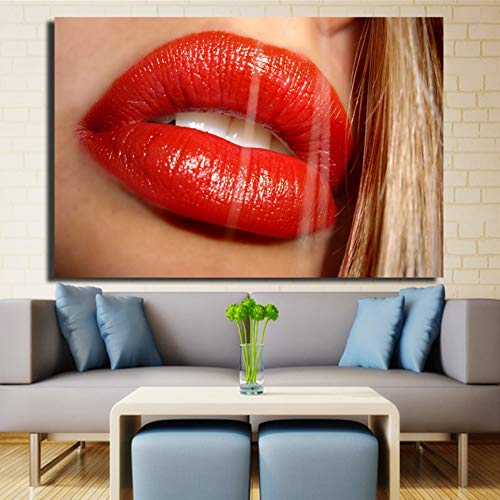 Davide Alisa Pintura de Lienzo Idea de Arte Lienzo de Pared Mujeres Labios Pintura Abstracta Sala de Estar Decoración Obra de Arte de Labios de señora Pintura Moderna Decoración-50cm * 70cm ，Marco