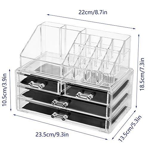 Dawoo Mesa De Exhibición De Soporte De Almacenamiento De Organizador De Maquillaje De Acrílico Transparente para Soporte De Set De Cosméticos, Joyería (4 Cajones)