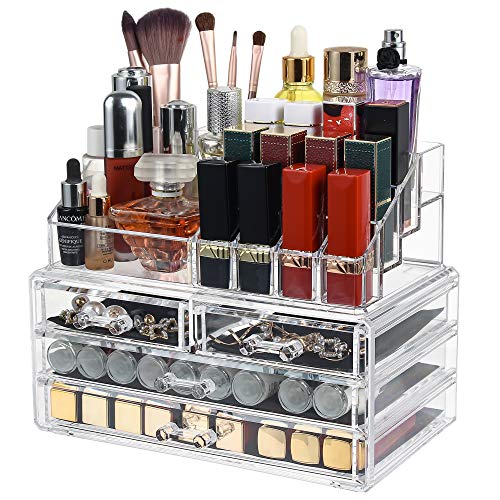 Dawoo Mesa De Exhibición De Soporte De Almacenamiento De Organizador De Maquillaje De Acrílico Transparente para Soporte De Set De Cosméticos, Joyería (4 Cajones)