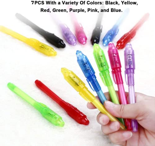 DazSpirit 7Piezas Bolígrafo Tinta Invisible con Cuaderno Regalos Cumpleaños Niños Colegio, Boli Magico Y luz Ultravioleta para Niños, Rotulador Tinta Invisible para Escribir mensajes secretos