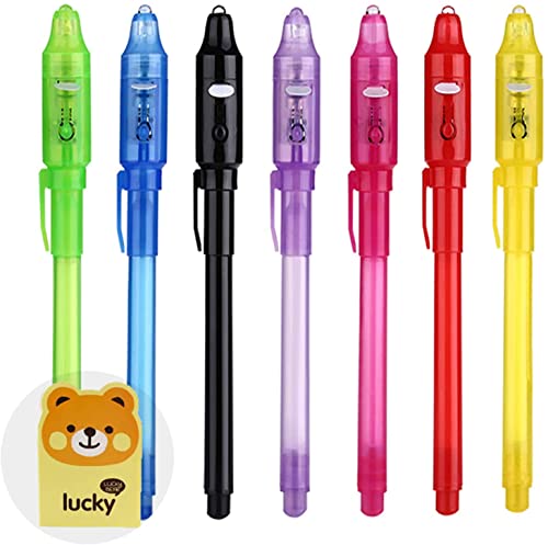 DazSpirit 7Piezas Bolígrafo Tinta Invisible con Cuaderno Regalos Cumpleaños Niños Colegio, Boli Magico Y luz Ultravioleta para Niños, Rotulador Tinta Invisible para Escribir mensajes secretos