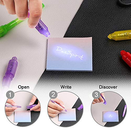 DazSpirit 7Piezas Bolígrafo Tinta Invisible con Cuaderno Regalos Cumpleaños Niños Colegio, Boli Magico Y luz Ultravioleta para Niños, Rotulador Tinta Invisible para Escribir mensajes secretos