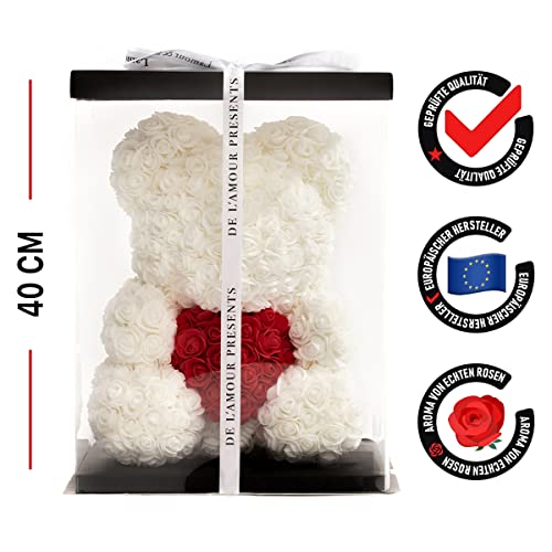 DE L'AMOR Presents Blanco Oso Rosa con Corazón de 40cm con Rosas eternas con Caja y con Pendientes de Plata de Ley 925, para cumpleaños, disculpas, Aniversarios, San Valentín, Día de la Madre, Mujer