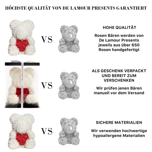 DE L'AMOR Presents Blanco Oso Rosa con Corazón de 40cm con Rosas eternas con Caja y con Pendientes de Plata de Ley 925, para cumpleaños, disculpas, Aniversarios, San Valentín, Día de la Madre, Mujer