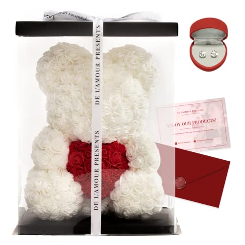 DE L'AMOR Presents Blanco Oso Rosa con Corazón de 40cm con Rosas eternas con Caja y con Pendientes de Plata de Ley 925, para cumpleaños, disculpas, Aniversarios, San Valentín, Día de la Madre, Mujer