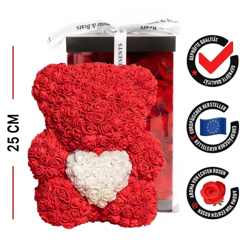 DE L'AMOR Presents Oso Rosa Rojo con corazón de 25 cm, Rosas eternas,co 1200 pétalos de Rosa Artificiales, Caja de Regalo, Pendientes de Plata de Ley 925, para cumpleaños, disculpas, Aniversarios