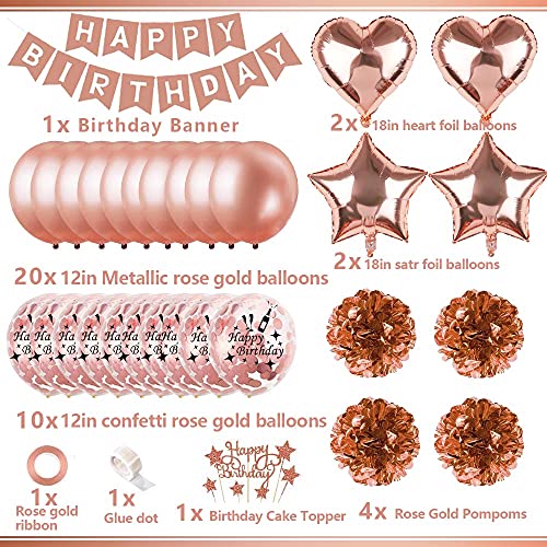 Decoración Cumpleaños para Mujeres Oro Rosa,Confeti Globos Oro Rosa De Feliz Cumpleaños con Adorno para Tarta, Pancarta, Borlas Brillantes, Globos De Cumpleaños para Niñas Adolescentes