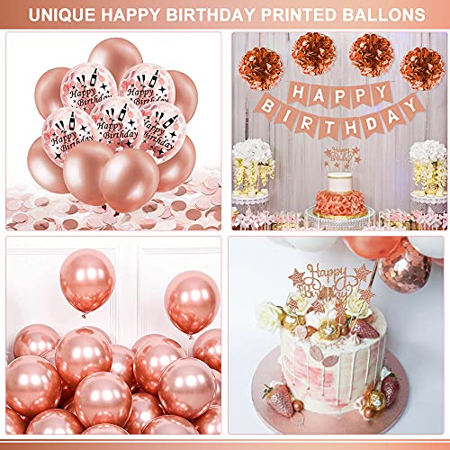 Decoración Cumpleaños para Mujeres Oro Rosa,Confeti Globos Oro Rosa De Feliz Cumpleaños con Adorno para Tarta, Pancarta, Borlas Brillantes, Globos De Cumpleaños para Niñas Adolescentes
