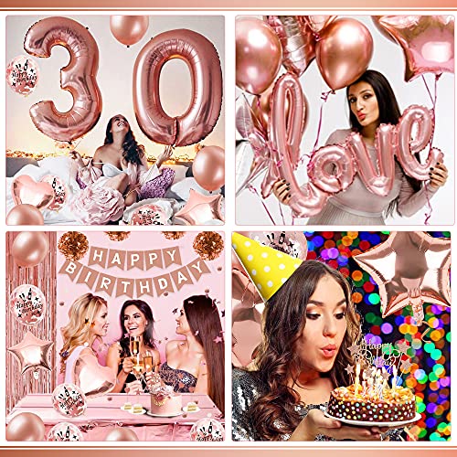 Decoración Cumpleaños para Mujeres Oro Rosa,Confeti Globos Oro Rosa De Feliz Cumpleaños con Adorno para Tarta, Pancarta, Borlas Brillantes, Globos De Cumpleaños para Niñas Adolescentes