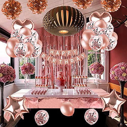Decoración Cumpleaños para Mujeres Oro Rosa,Confeti Globos Oro Rosa De Feliz Cumpleaños con Adorno para Tarta, Pancarta, Borlas Brillantes, Globos De Cumpleaños para Niñas Adolescentes
