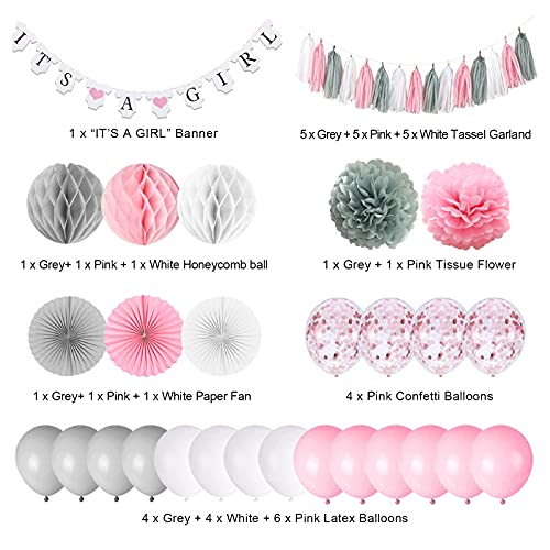 Decoraciones de baby shower para niña, es una chica bandera con pompones de papel, bola de panal de abanico de papel, borla de papel de aluminio, rosa y gris It's A Girl Baby Shower Decoraciones