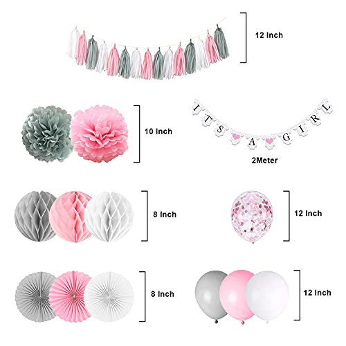Decoraciones de baby shower para niña, es una chica bandera con pompones de papel, bola de panal de abanico de papel, borla de papel de aluminio, rosa y gris It's A Girl Baby Shower Decoraciones
