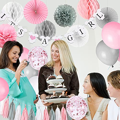 Decoraciones de baby shower para niña, es una chica bandera con pompones de papel, bola de panal de abanico de papel, borla de papel de aluminio, rosa y gris It's A Girl Baby Shower Decoraciones