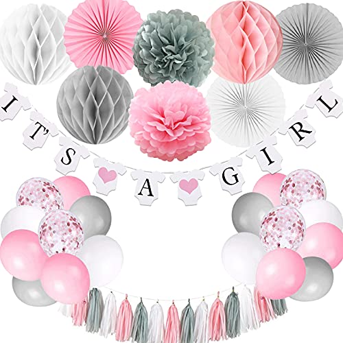 Decoraciones de baby shower para niña, es una chica bandera con pompones de papel, bola de panal de abanico de papel, borla de papel de aluminio, rosa y gris It's A Girl Baby Shower Decoraciones