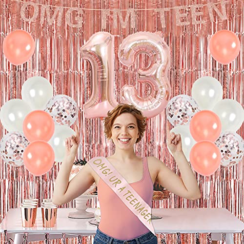 Decoraciones oficiales de cumpleaños para adolescentes Decoraciones cumpleaños número 13 para niñas Oro rosa OMG UR A TEENAGER Sash Fringe Cortinas Banner oficial decoración tartas adolescentes