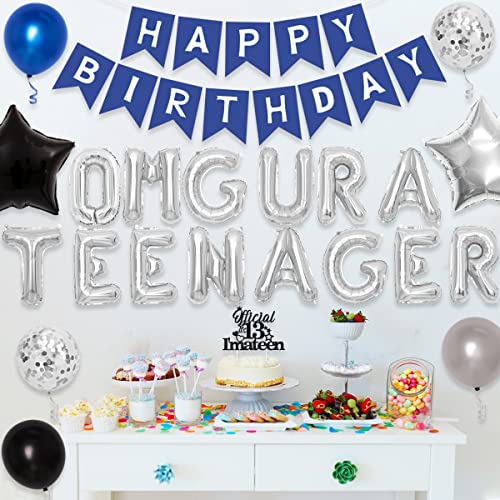 Decoraciones oficiales para fiesta de cumpleaños adolescentes para niños, azul, 13 suministros para fiestas cumpleaños, globo Omg Ur a Teenager, decoración oficial para tartas para adolescentes 13