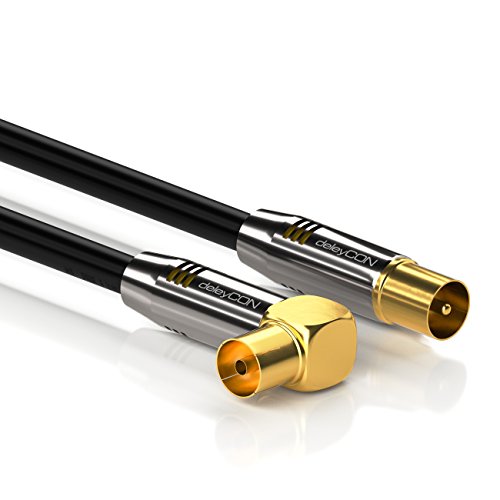 deleyCON 2m Cable de Antena TV HDTV Full HD - 1x en Ángulo Cable Coaxial Enchufe de TV (Recto) para Toma de TV (90° Grados) Tapón de Metal - Negro