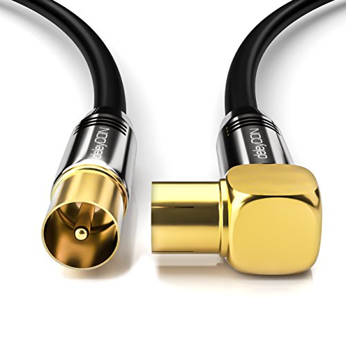 deleyCON 2m Cable de Antena TV HDTV Full HD - 1x en Ángulo Cable Coaxial Enchufe de TV (Recto) para Toma de TV (90° Grados) Tapón de Metal - Negro