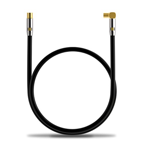deleyCON 2m Cable de Antena TV HDTV Full HD - 1x en Ángulo Cable Coaxial Enchufe de TV (Recto) para Toma de TV (90° Grados) Tapón de Metal - Negro