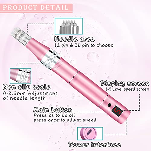Derma Pen Eléctrico con Microagujas, Cicatrices de Acné, Antienvejecimiento, Arrugas, Estrías, Pérdida de Cabello, 0 mm-2,5 mm Ajustable con Pantalla LCD de 10 Cartuchos (Rosa)