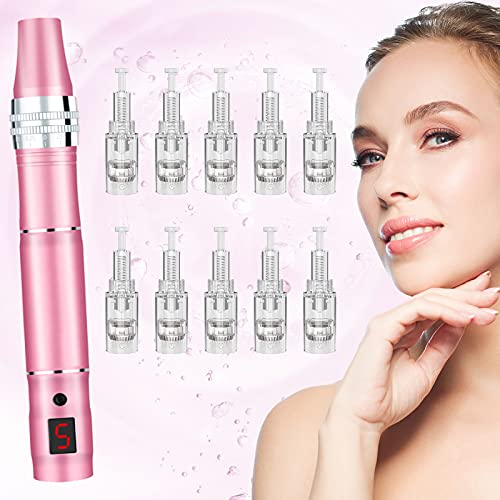 Derma Pen Eléctrico con Microagujas, Cicatrices de Acné, Antienvejecimiento, Arrugas, Estrías, Pérdida de Cabello, 0 mm-2,5 mm Ajustable con Pantalla LCD de 10 Cartuchos (Rosa)