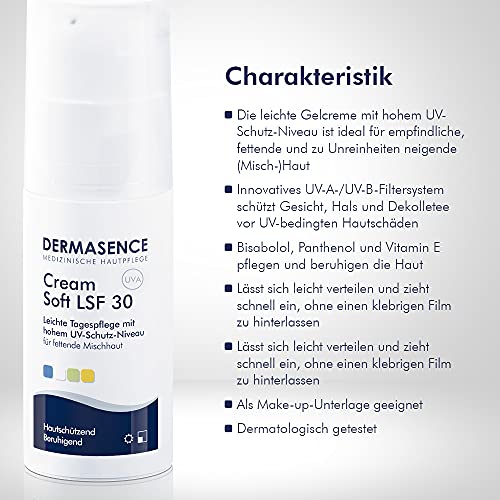 Dermasence Crema Soft SPF 30 – Cuidado de día sin perfume con alta protección UV para el cuidado diario de la piel sensible, grasa y propensa a impurezas, 50 ml