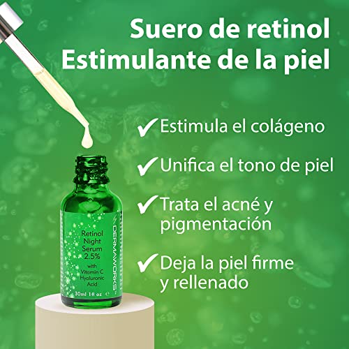 DERMAWORKS Suero de Retinol de Alta Potencia al 2,5% con Vitamina C, Vitamina E y Ácido Hialurónico. Anti-edad, antiarrugas. Trata la hiperpigmentación, las manchas de la edad, el acné.