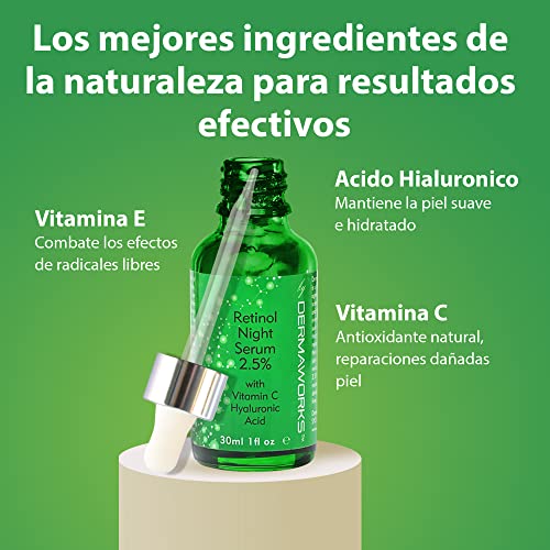 DERMAWORKS Suero de Retinol de Alta Potencia al 2,5% con Vitamina C, Vitamina E y Ácido Hialurónico. Anti-edad, antiarrugas. Trata la hiperpigmentación, las manchas de la edad, el acné.