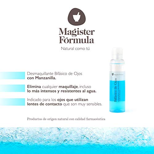 Desmaquillante de Ojos Bifásico 125ml con Manzanilla | Ojos, Labios y Pestañas | Elimina todo tipo de maquillaje, Waterproof | Limpieza Facial | Efecto calmante y Anti-irritante | Magister Formula