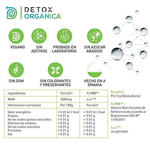 Detox Organica MSM Polvo 99.9% Puro En Bolsa 1 kg | Sin Aditivos - Azufre Orgánico En Dosis Alta – 100% Natural Vegetal | Antiinflamatorio – Dolor Muscular | Producto Vegano Hecho En Alemania