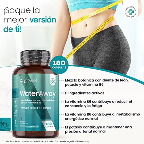 Detox Water Away 180 Cápsulas Vegano, Diurético Potente Para La Retención de Líquidos | Suplemento Natural con Diente de León, Potasio, Vitamina B6, Té Verde, arándano, Fórmula Drenante