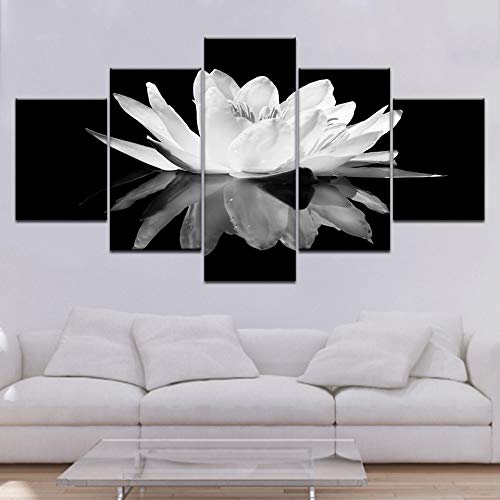 DGGDVP 5 Paneles Pintura Modular Pared Arte Lienzo impresión Flor Flor Blanca Loto en Negro Pared Arte Imagen Pinturas Modernas de la Pared tamaño 1 con Marco