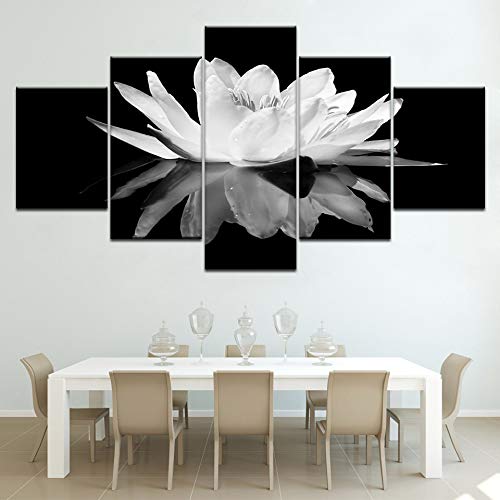 DGGDVP 5 Paneles Pintura Modular Pared Arte Lienzo impresión Flor Flor Blanca Loto en Negro Pared Arte Imagen Pinturas Modernas de la Pared tamaño 1 con Marco