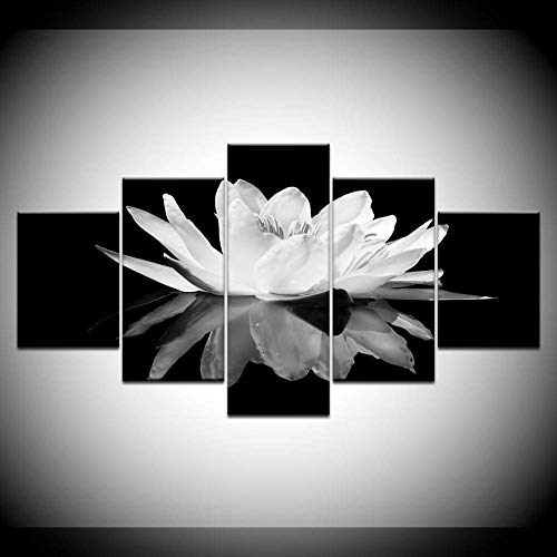 DGGDVP 5 Paneles Pintura Modular Pared Arte Lienzo impresión Flor Flor Blanca Loto en Negro Pared Arte Imagen Pinturas Modernas de la Pared tamaño 1 con Marco