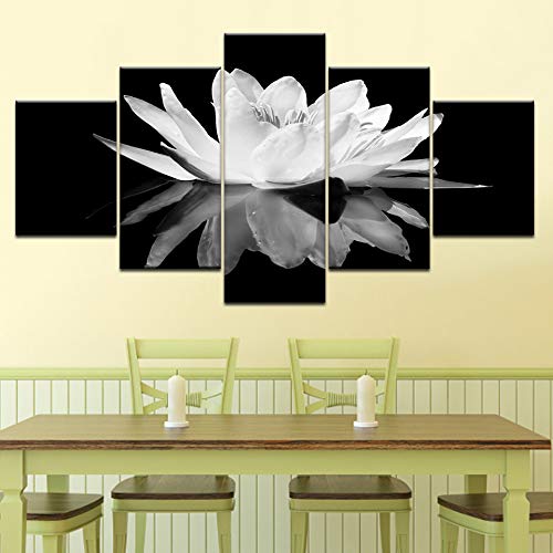 DGGDVP 5 Paneles Pintura Modular Pared Arte Lienzo impresión Flor Flor Blanca Loto en Negro Pared Arte Imagen Pinturas Modernas de la Pared tamaño 1 con Marco